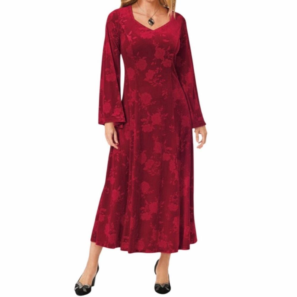 The Pyramid Collection El Fuego Floral Velvet Burnout Maxi Dress Red M NEW